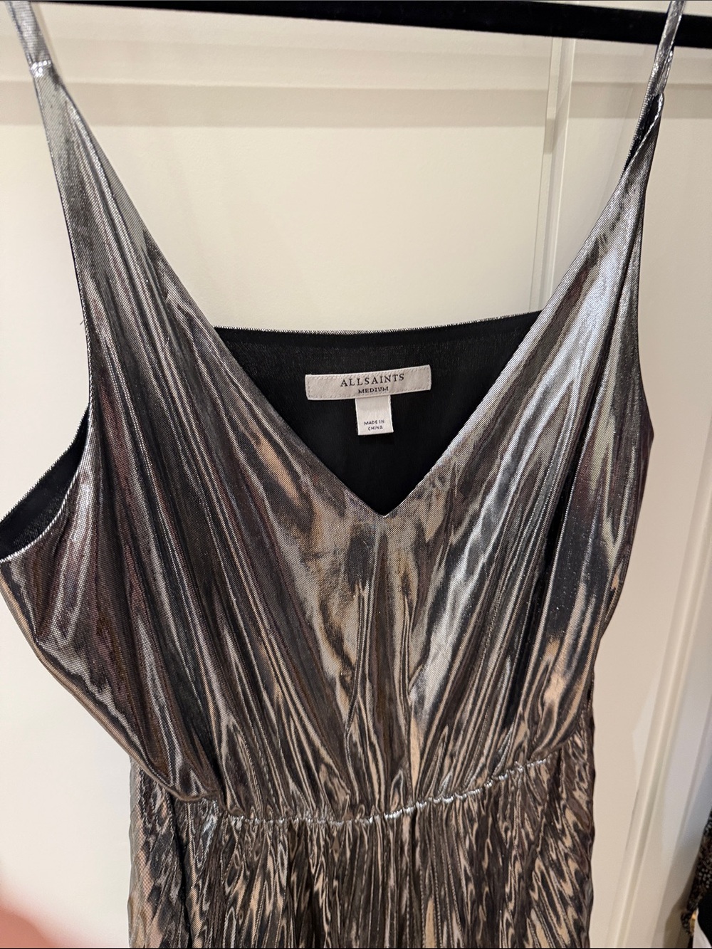 All Saints Metallic Silver Pleated Maxi Dress - Picture 2 of 10